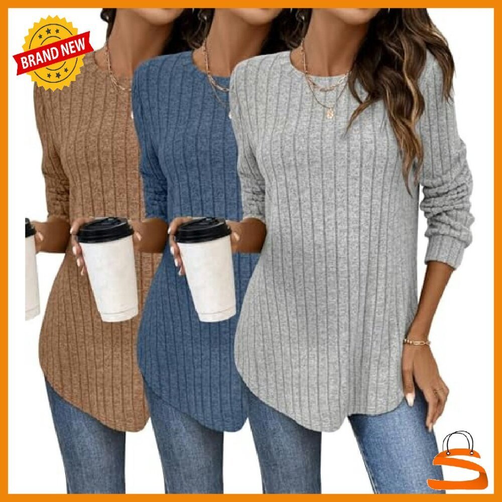 Long Sleeve Tunic Sweater Loose Fit Crew Neck Curved Hem - Picture 2 of 7